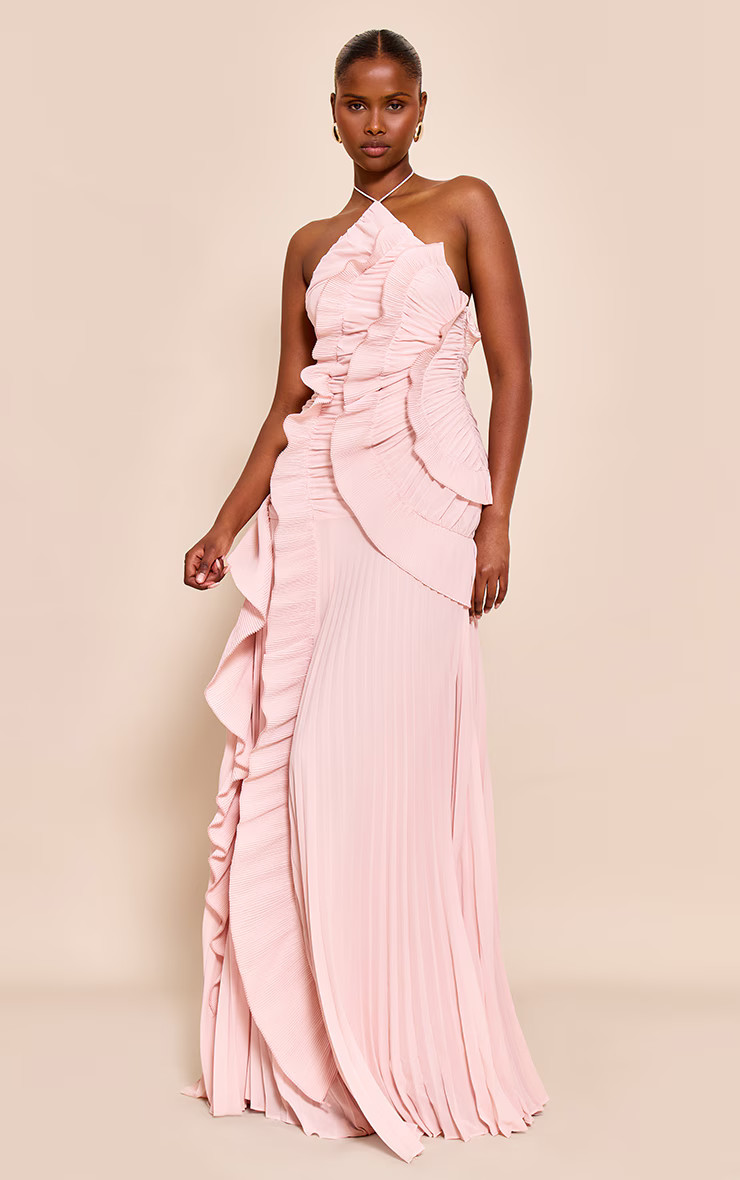 Blush Pleated Frill Halterneck Maxi Dress | Dresses | PrettyLittleThing UK