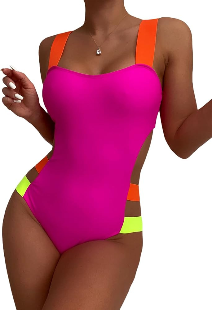 WDIRARA Women's Color Block Cut Out One Piece Swimsuit Monokini Swimwear | Amazon (US)
