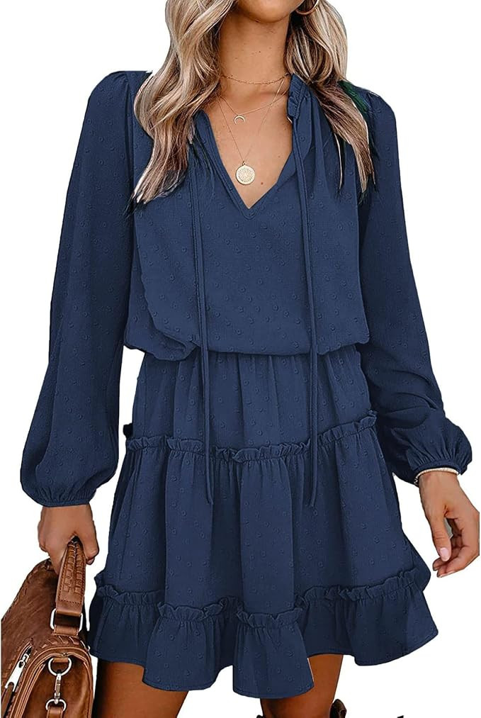 BTFBM Long Sleeve Dress for Women Summer 2026 | Casual Tie Neck, High Waist, Tiered Ruffle A Line... | Amazon (US)