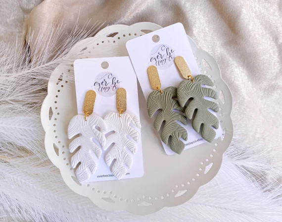 Clay Earrings- Large Monstera Leaf Dangles - Handmade, Lightweight Polymer Clay Earrings // Polym... | Etsy (US)