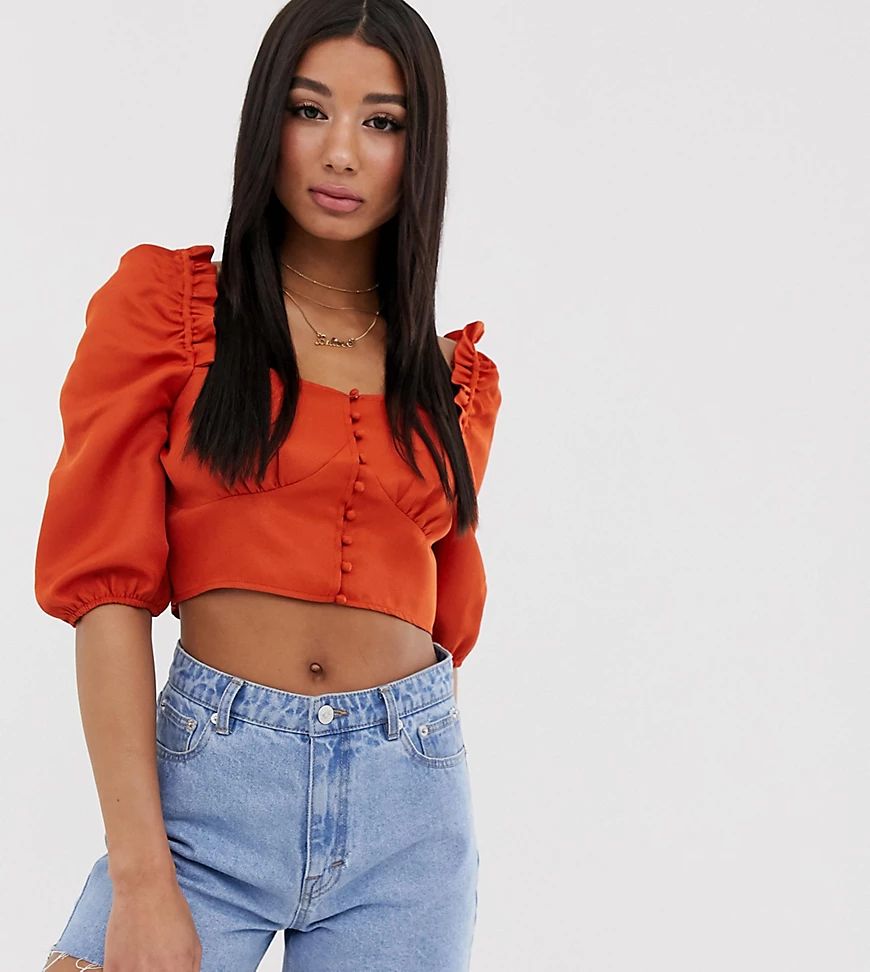 Missguided square neck crop top with puff sleeves in rust-White | ASOS (Global)