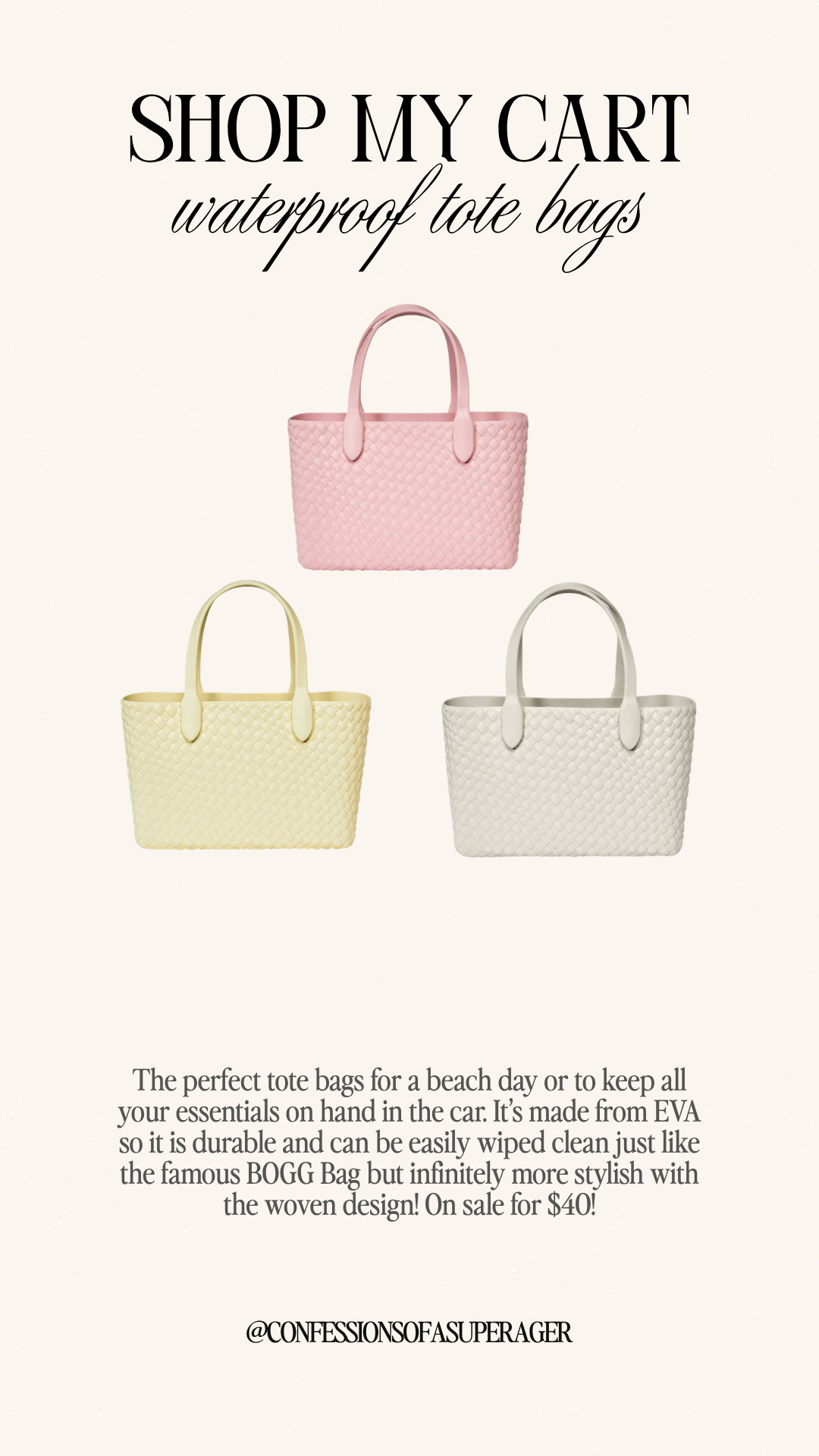 Shop my cart: the chicest waterproof tote bags you need for spring & summer 🌸 these woven EVA totes are lightweight, durable, easy to clean, and the perfect everyday bag for beach days, travel, errands, or mom life—giving you that designer-inspired look for under $50! These viral Bogg bag alternatives are selling fast, so don’t wait to grab your favorite color. #WaterproofTote #AmazonFinds #SpringStyle #BeachBag #EverydayEssentials #MomStyle #AffordableFashion #LTKFinds #CapsuleWardrobe #DesignerInspired 

 

#LTKootd #LTKmomlife #LTKSaleAlert