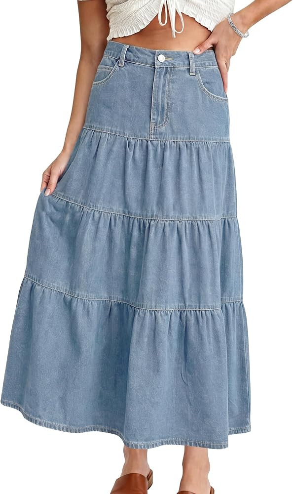 Womens High Waisted Long Denim Skirt Tiered Ruffle Swing A-Line Summer Boho Jean Maxi Skirts with... | Amazon (US)