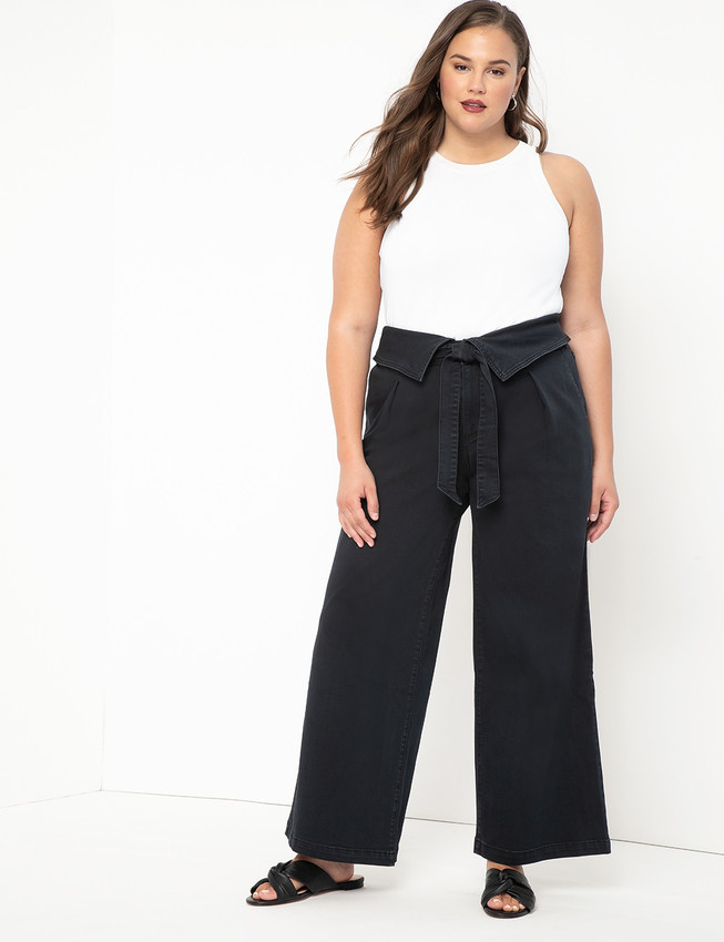 Wide Leg Jean with Foldover Waist - Blue-Black Wash | Eloquii