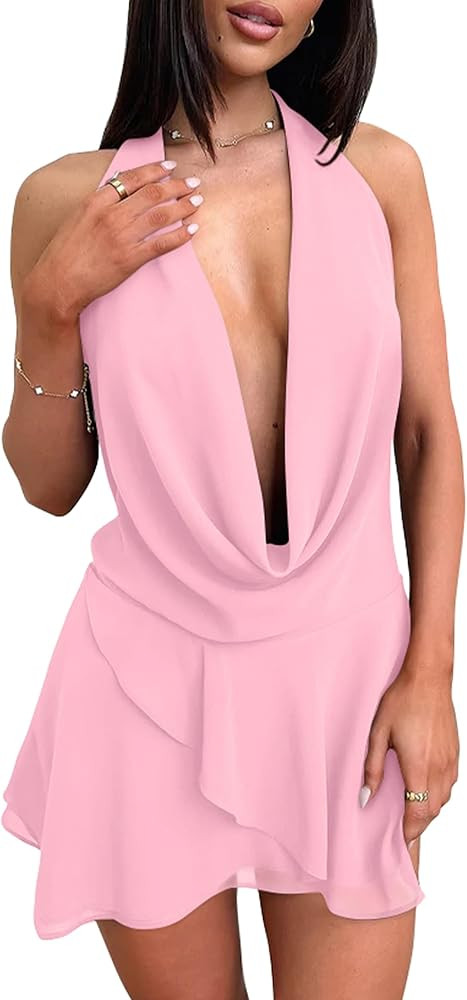 GOKATOSAU Women's Sexy Halter Plunge V Cowl Neck Low Open Back Irregular Ruffle Hem Mini Dress | Amazon (US)