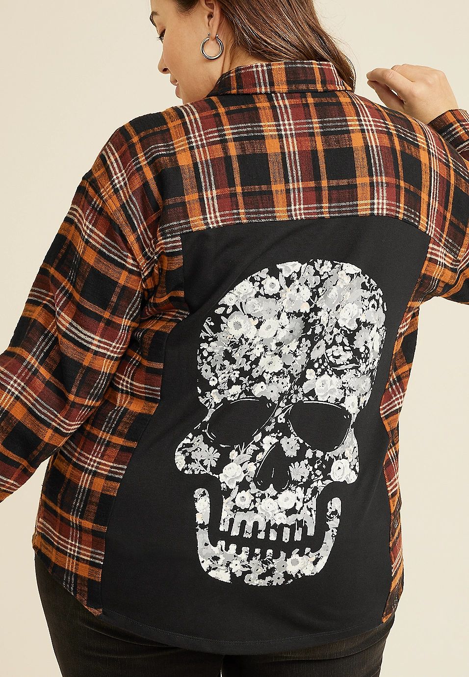 Plus Size Plaid Skull Graphic Back Boyfriend Tunic Shirt | Maurices
