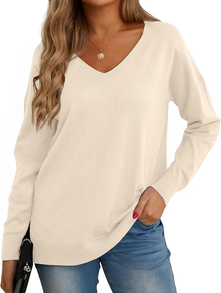 GRECERELLE Women's V-Neck Long Sleeve Side Split Loose Casual Knit Pullover Sweater Blouse | Amazon (US)
