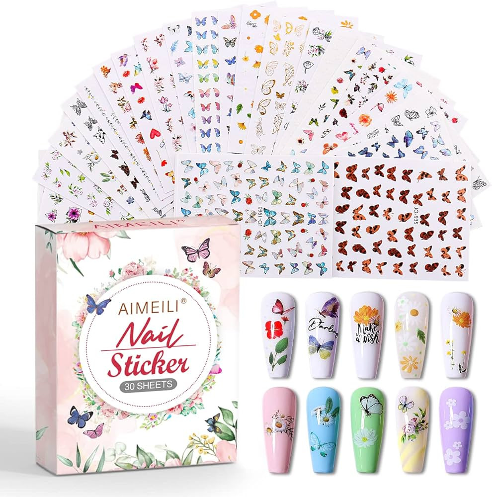 AIMEILI 30 Sheets Nail Art Stickers Colorful Butterfly Flower 3D Self-adhesive Nail Stickers for ... | Amazon (US)