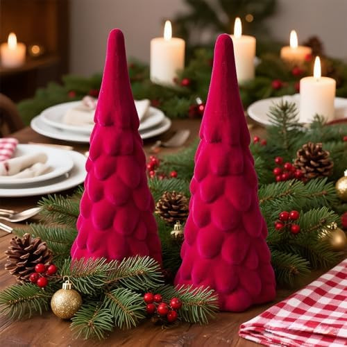 Set of 2 Velvet Ceramic Christmas Trees Decoration, 9.5in Modern Tabletop Christmas Tree Figurine... | Amazon (US)