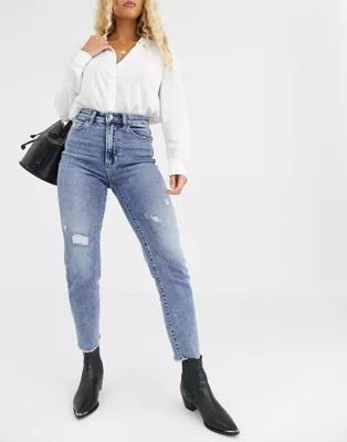 Stradivarius slim mom jean with stretch and rip detail in light blue | ASOS (Global)