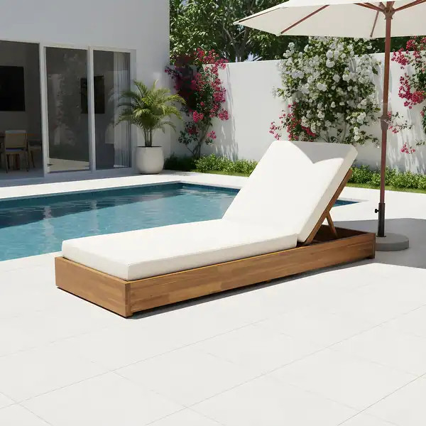 Ian Outdoor Acacia Wood Chaise Lounge with Cushion by Christopher Knight Home - Teak+Cream | Bed Bath & Beyond