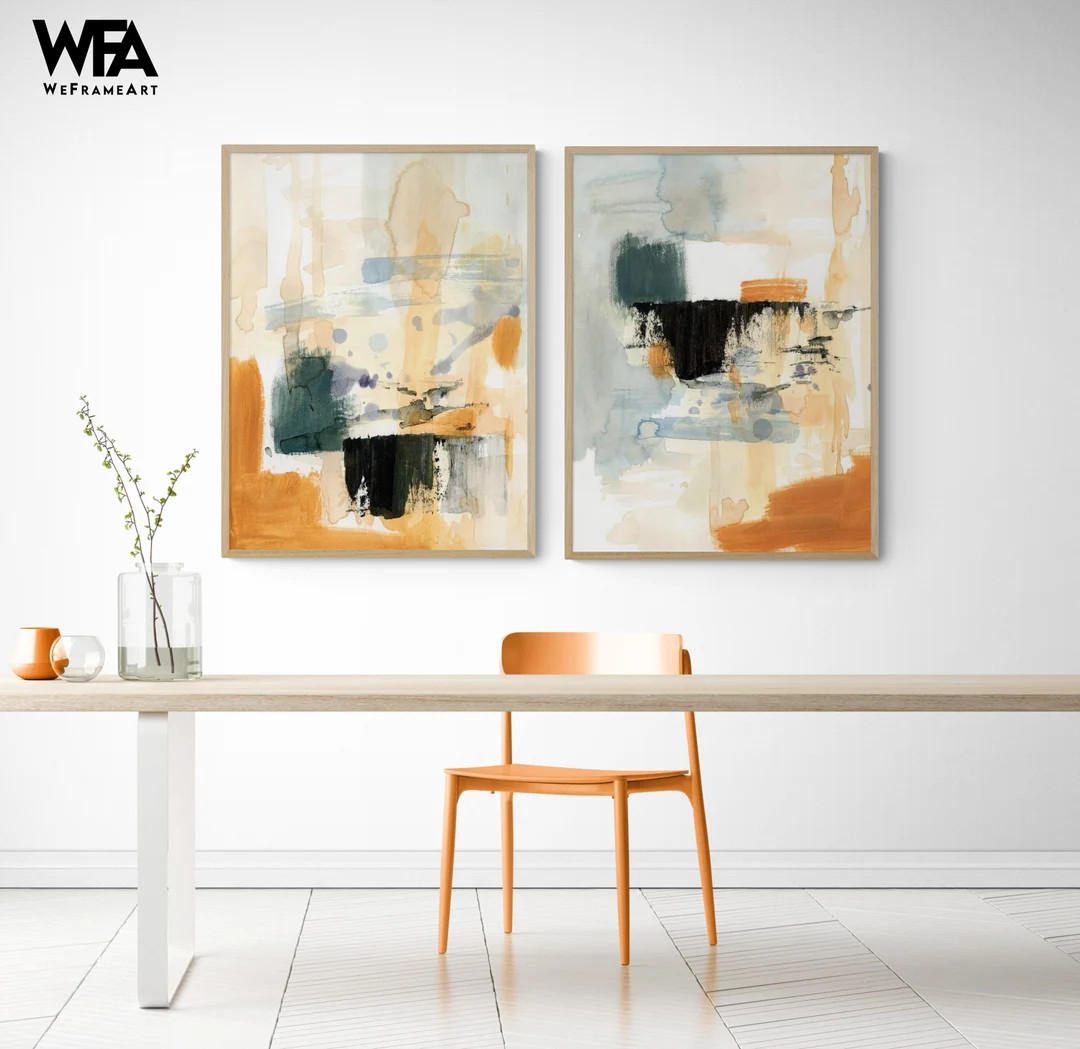 Set of 2 Orange Abstract Watercolor Prints, Framed Abstract Wall Art, Watercolor Extra Large Wall... | Etsy (US)