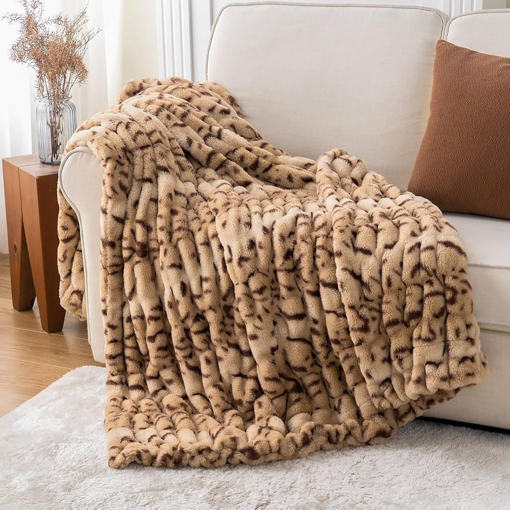 BATTILO HOME Ruched Rabbit Faux Fur Throw Blanket for Couch, Double Sided Super Soft Fur Blankets... | Amazon (US)