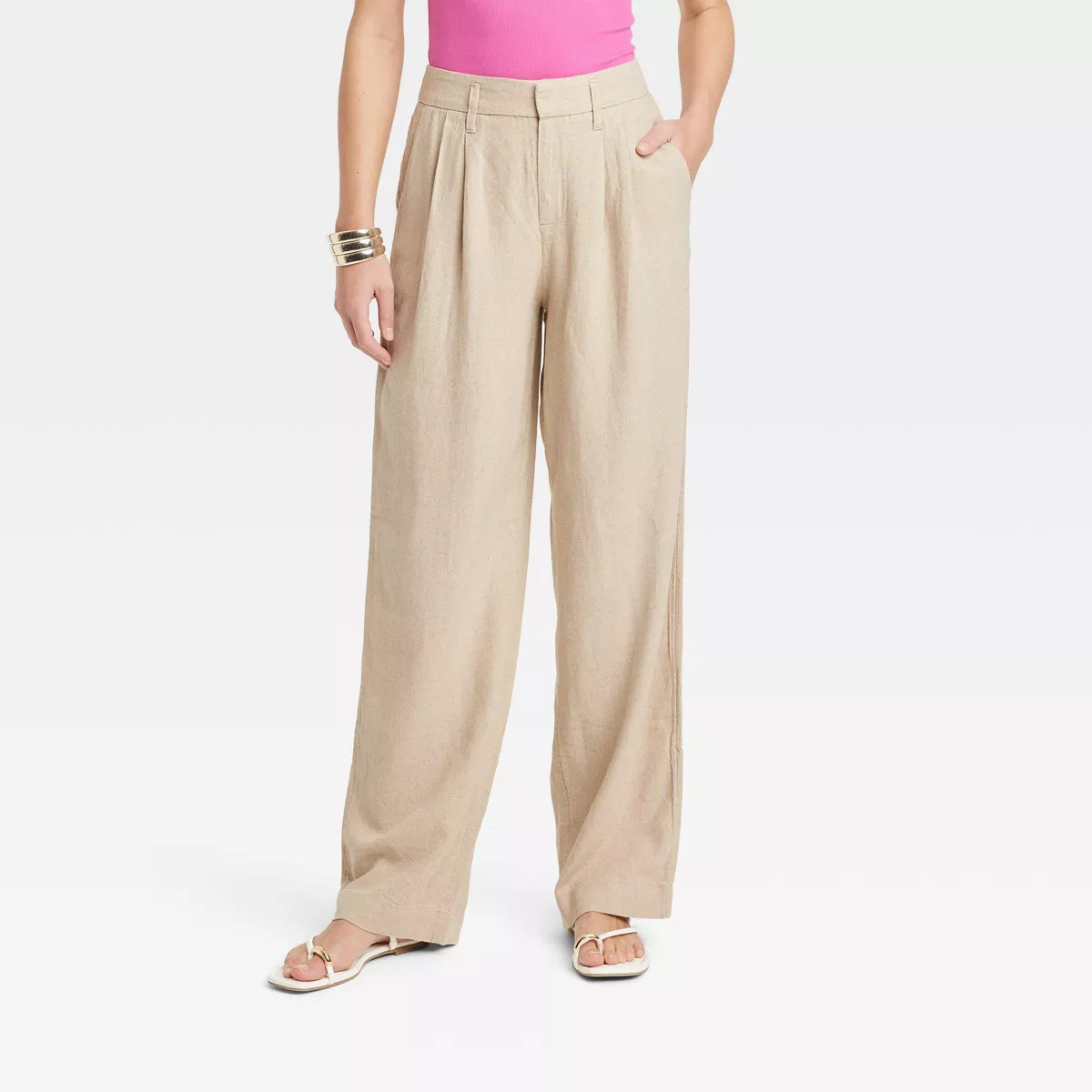 Women's High-Rise Linen Pleated Front Straight Pants - A New Day™ Tan 6 | Target