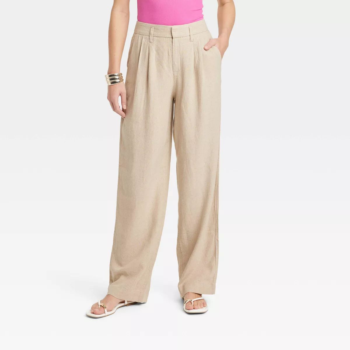 Women's High-Rise Linen Pleat Front Straight Pants - A New Day™ Yellow 8 | Target