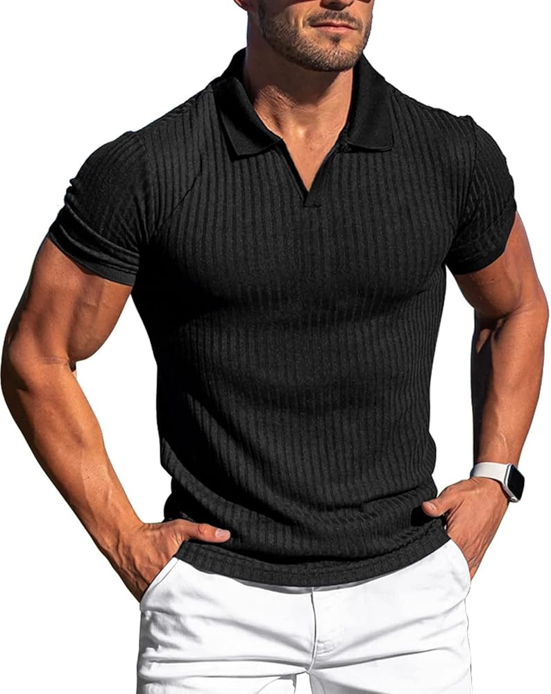 Collared Muscle Shirts for Men Ribbed Knit Slim Fit Polo Shirts Short Sleeve, Mens V Neck T Shirt... | Amazon (US)