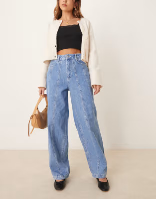 ASOS DESIGN seamed cinch barrrel jeans in mid blue | ASOS (Global)