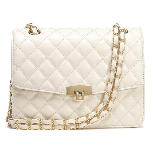 DIUY Quilted Leather Crossbody Bags for Women Trendy Ladies Shoulder Purse Satchel HandBag with Chain Strap, Beige | Amazon (US)