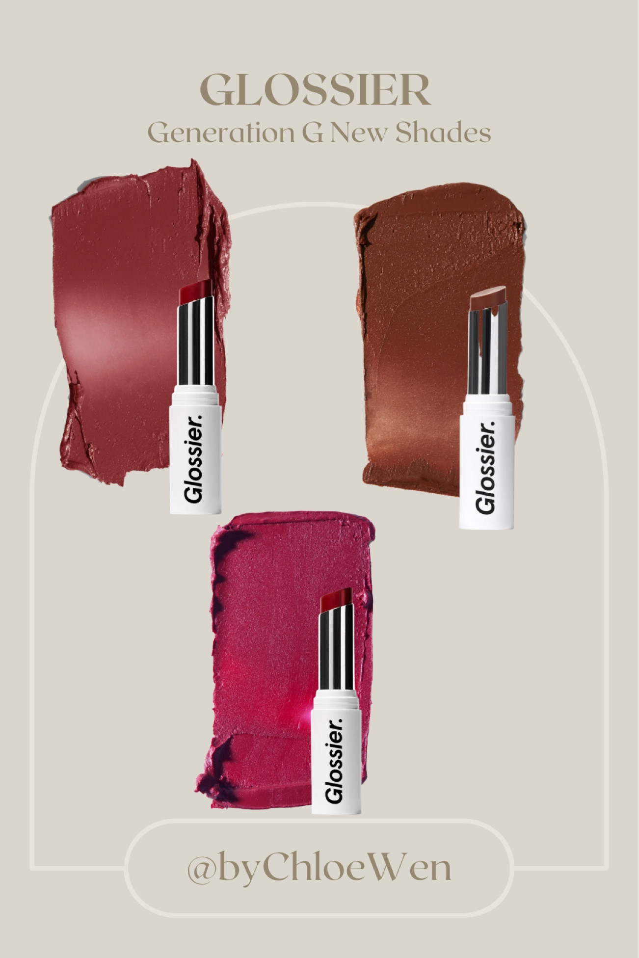 New Glossier Generation G Shades! 

Fuzz: a soft, rosy taupe
Malt: a rich, cinnamon brown
Punch: a bright, rosy red

#fall
#fallmakeup
#falllipstick
#fallfashion 
#fallstyle
#falloutfits
#glossier 
#generationg
#glossiergenerationg
#fallfamilyphotos 
#makeup
#lipstick
#mattelipstick
#sheerlipstick
#sheermattelipstick 

#LTKSeasonal #LTKstyletip #LTKbeauty