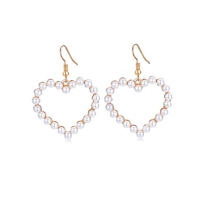 Rakumi Pearl Heart Earrings 4mm White Seashell Pearl Dangle Earrings | Amazon (US)