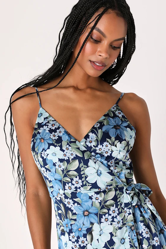 Totally Romantic Navy Blue Floral Wrap Midi Dress | Lulus (US)