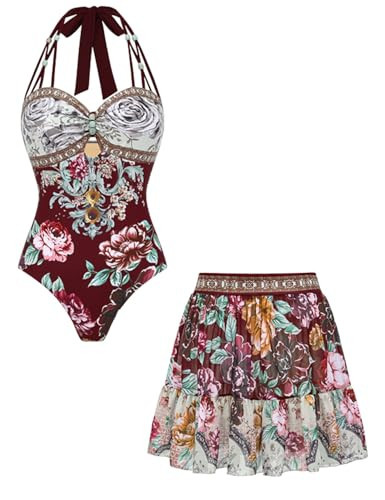 FLAXMAKER Women's Peony Print Halter Neck Swimsuit with Tie-Side and Skirt/Shorts(Red,M) | Amazon (US)