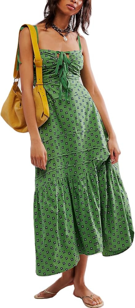 Women Y2k Summer Dresses Boho Flroal Spaghetti Strap Smocked Flowy Maxi Dress Cute Tie Shoulder M... | Amazon (US)