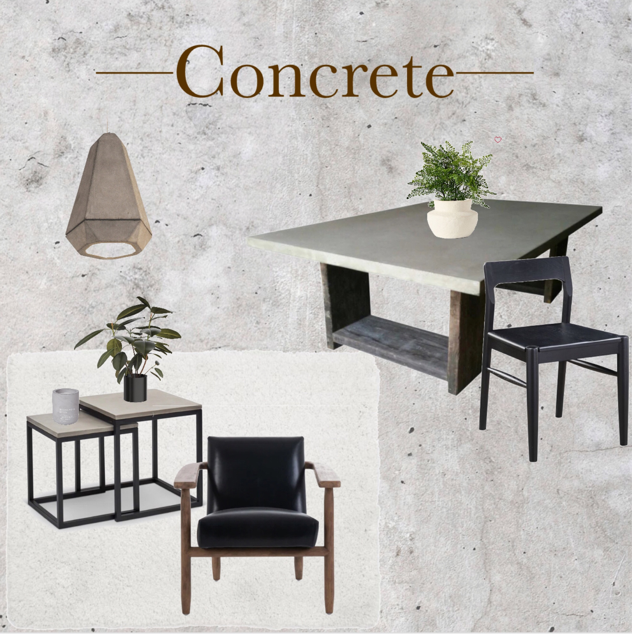 This board collects multiple concrete pieces to create a moody environment with lots of texture and warmth!