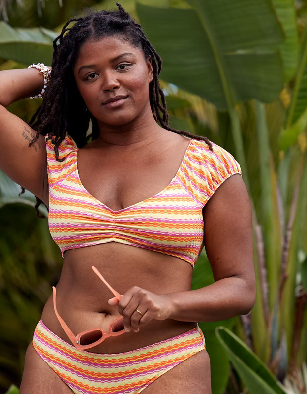 Aerie Striped Jacquard Puff Sleeve Bikini Top | American Eagle Outfitters (US & CA)