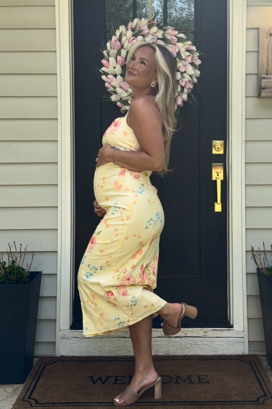Cutest spring dress from Lulus!!!! Sized up one bc of the bump 🩷