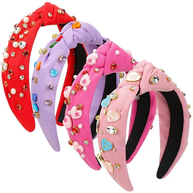 Yuxung 4 Pack Valentine's Day Knotted Headbands, Pearl Crystal Gemstone Heart Shape Jewelry Headb... | Amazon (US)