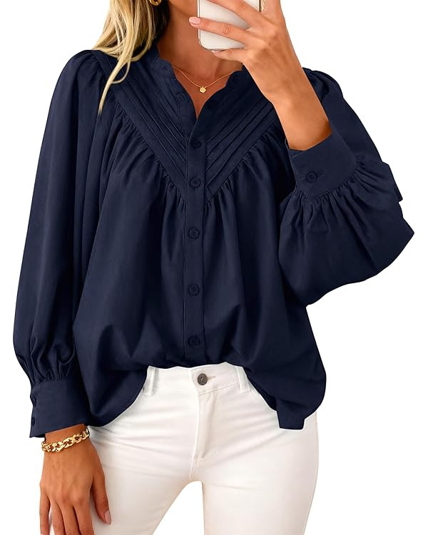 KIRUNDO Blouses for Women Dressy Casual Fashion Clothing Long Sleeve Shirts Loose Fit Button Down... | Amazon (US)
