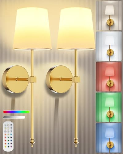 KFM Battery Operated Wall Sconces Set of Two - Wireless Gold Sconces Wall Decor Set of 2, Rechargeable Wall Lamps for Bedroom, Living Room, 15 Colors Dimmable Wall Lights with Magnetic Bulb and Remote | Amazon (US)