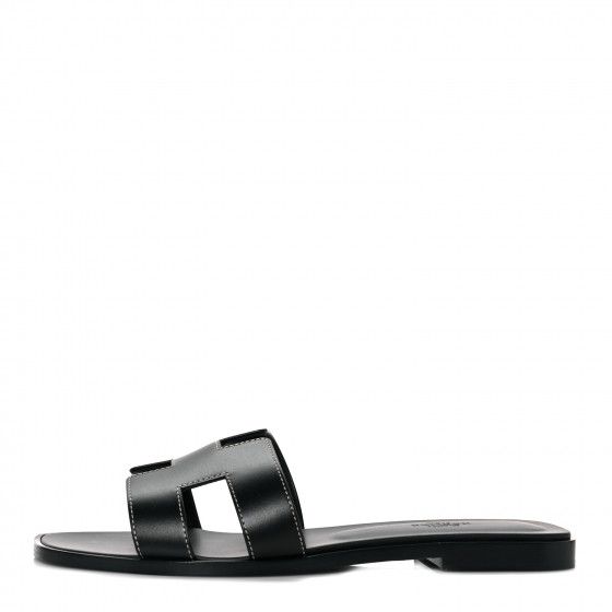 HERMES Box Calfskin Oran Sandals 39.5 Black | Fashionphile