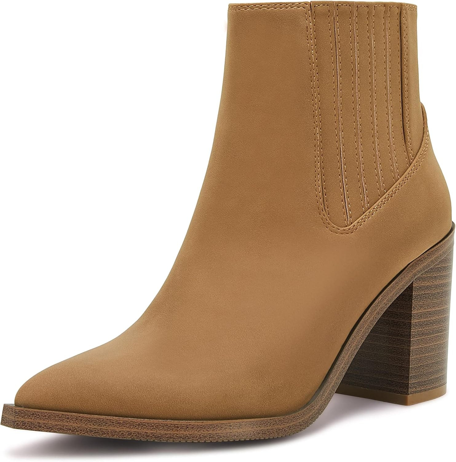 Womens Fall Ankle Boots Mid Heel Pointed Toe Chunky Block Stacked Casual Chelsea Western Booties Ela | Amazon (US)