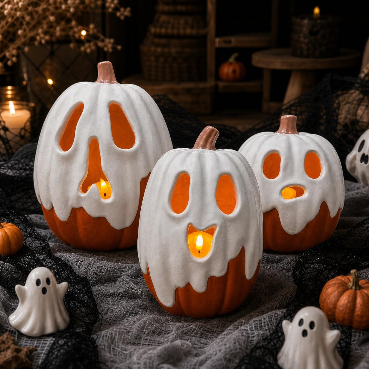 Halloween Decorations - 9.45" H Resin Ghost Pumpkin with Flameless Candle for Indoor Outdoor - Cute Spooky Decoration Centerpieces Halloween Decor for Tables Porch Yard Home Front Door Mantel | Amazon (US)