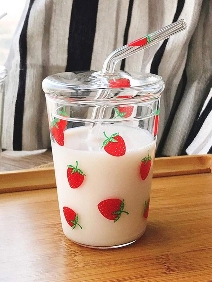 1pc Cute Transparent Glass Cup With Strawberry Shaped Straw, Lid And Large Capacity For Milk, Cof... | SHEIN