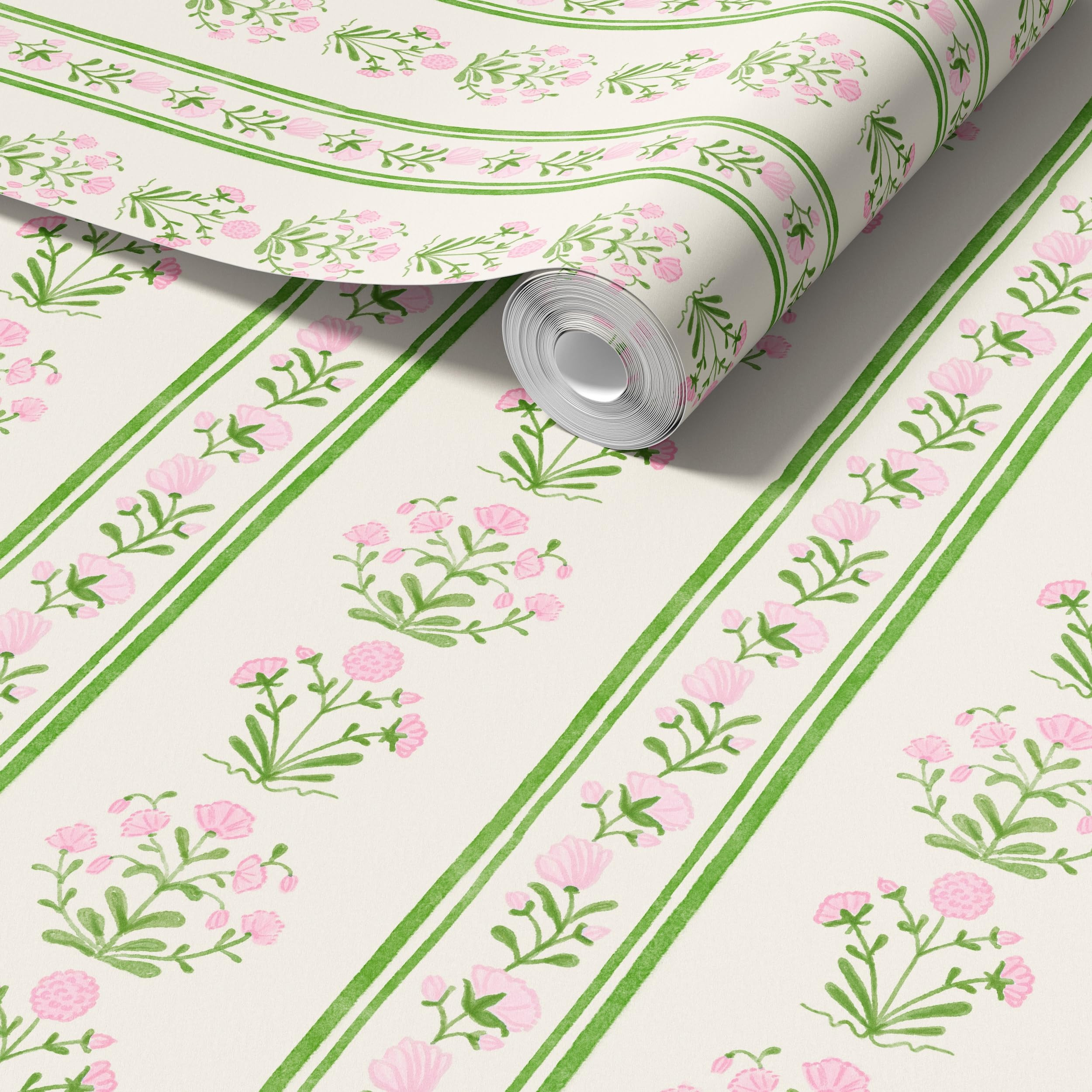 Green Stripe Peel and Stick Wallpaper Featuring Pink Floral, Vintage Farmhouse Inspired Renter Fr... | Amazon (US)