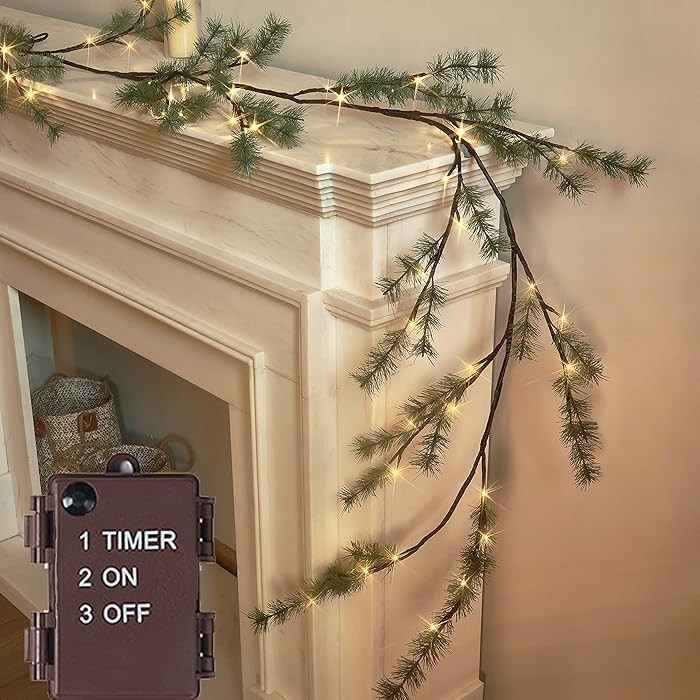 Hairui Lighted Pine Garland Battery Operated with Timer 6FT 48 Lights, Christmas Garland with Lig... | Amazon (US)