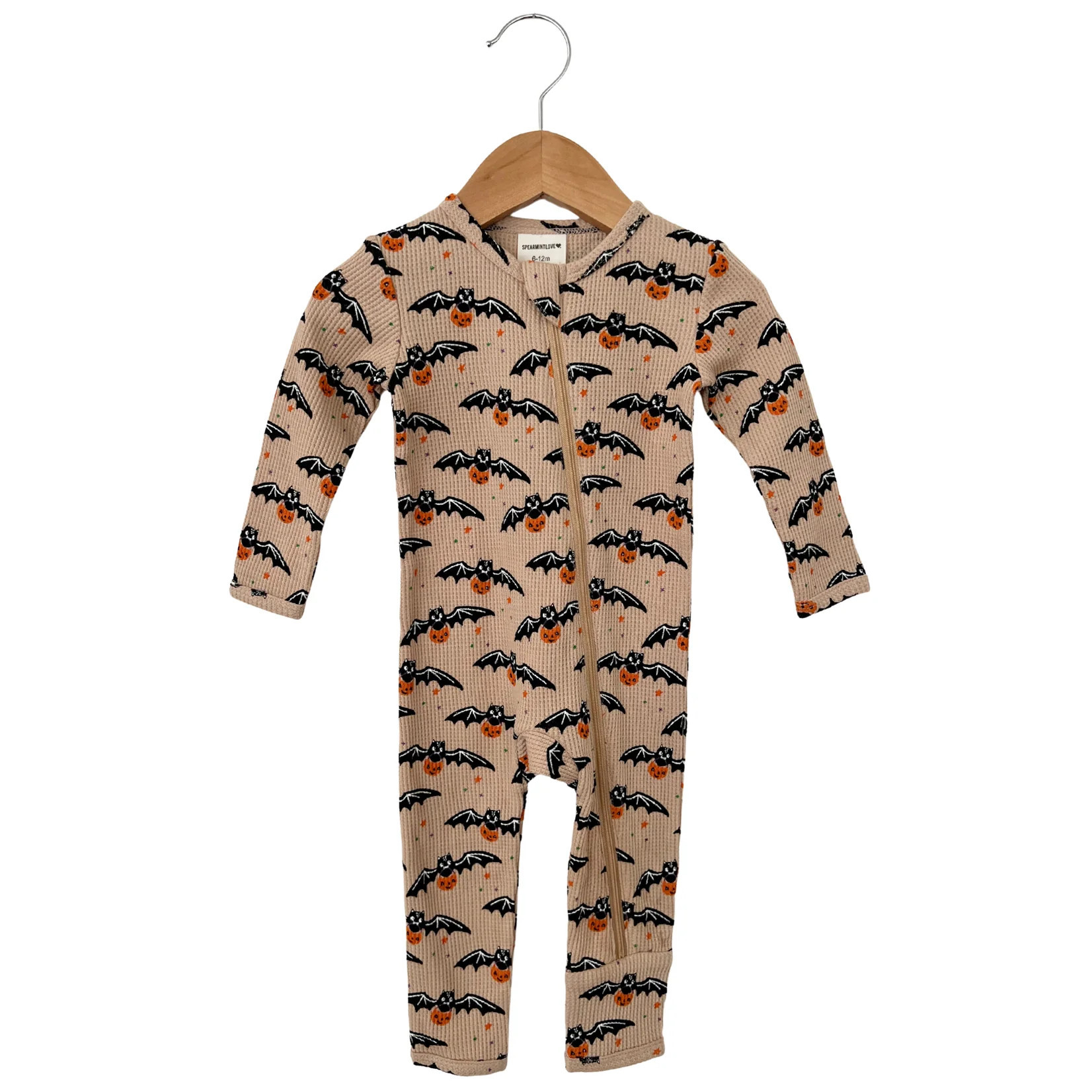 Organic Waffle Basic Zip Romper, Tan Trick or Treating Bat | SpearmintLOVE