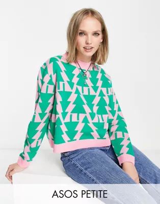 ASOS DESIGN Petite Christmas sweater with all over tree pattern in pink | ASOS (Global)