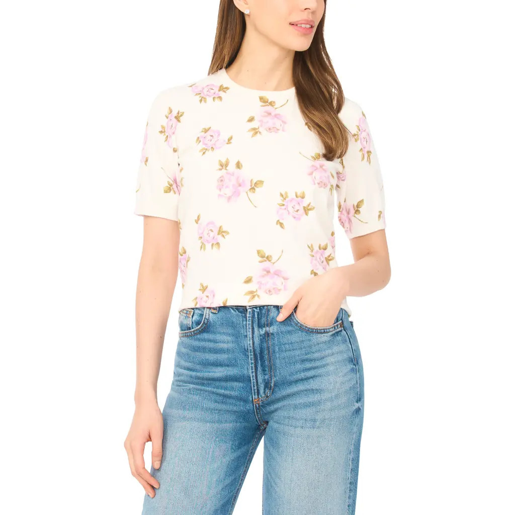 CeCe Floral Print Short Sleeve Sweater in New Ivory at Nordstrom, Size Small | Nordstrom