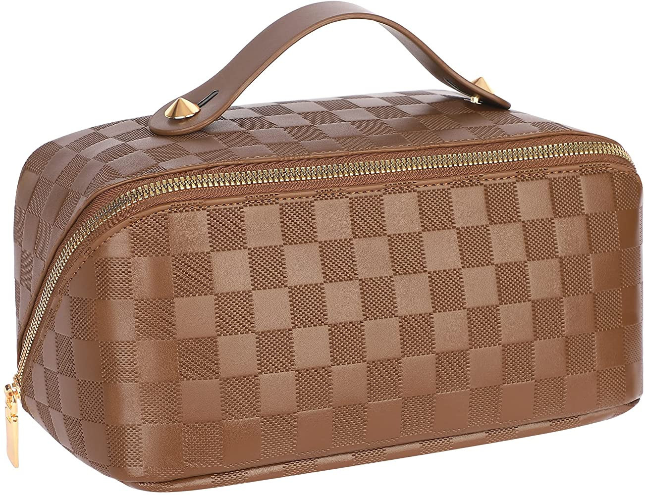 Large Capacity Travel Cosmetic Bag - Portable Makeup Bags for Women Waterproof PU Leather Checker... | Amazon (US)