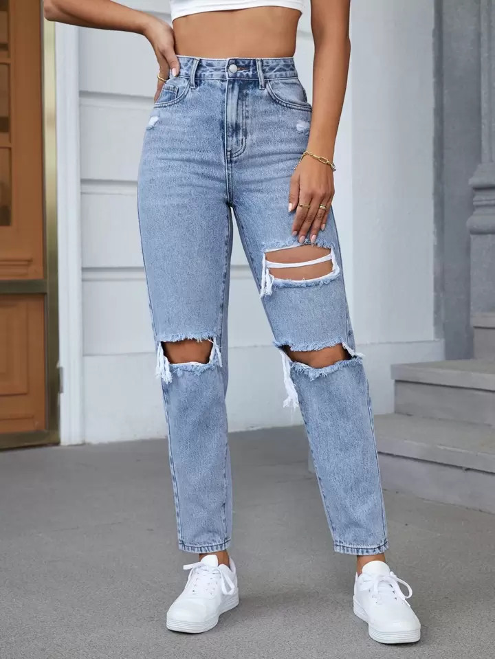 SHEIN EZwear High Waist Ripped Tapered Jeans Without Belt | SHEIN