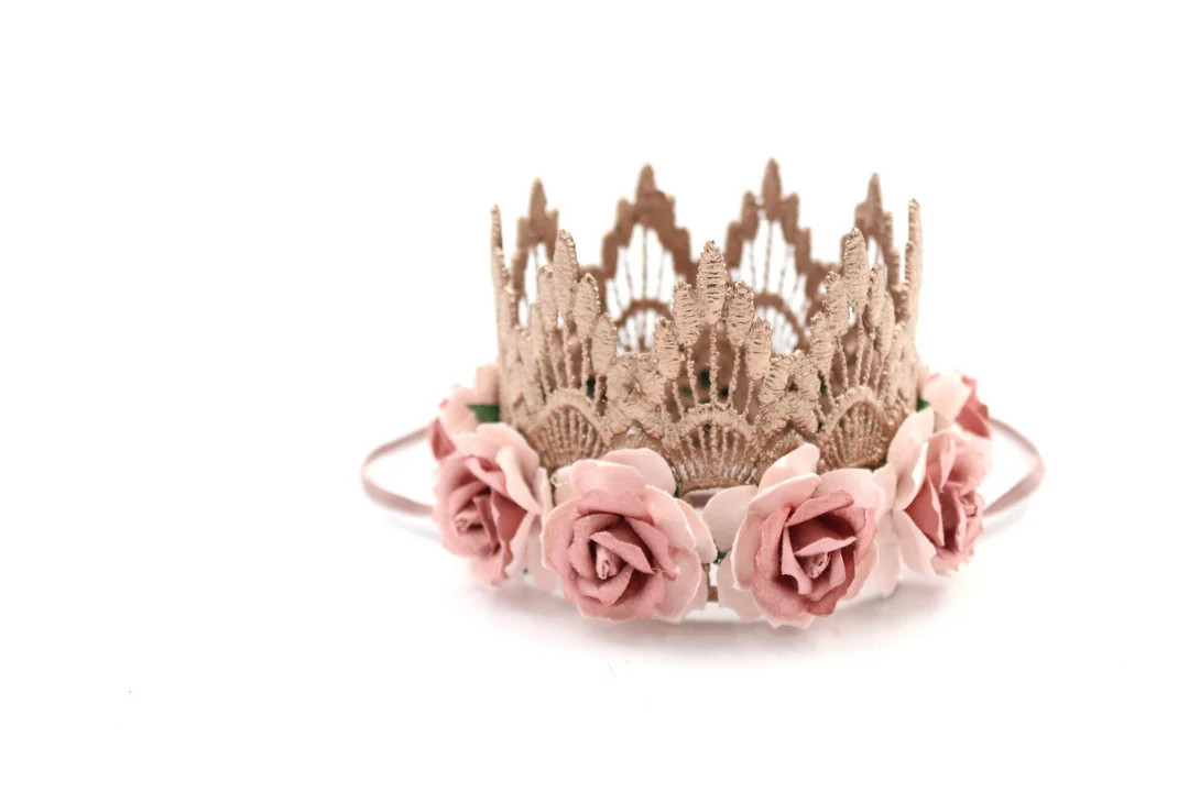 NEW || mini rose gold Sienna with 2-tone pale pink + dusty pink mauve flowers || lace crown headb... | Etsy (US)