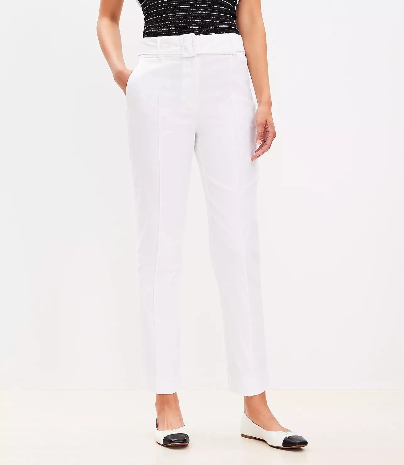 Pintucked Belted Slim Pants in Stretch Linen Blend | LOFT