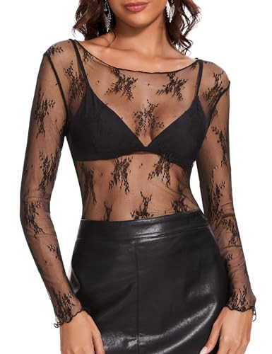 Bloggerlove Black Mesh Long Sleeve Tops Crew Neck Sexy See Through Tee Shirts Party Club Night Lace Blouse Black M | Amazon (US)
