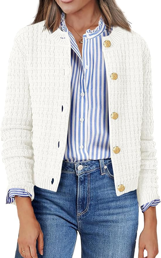 Zeagoo Women's 2025 Cardigan Sweaters Button Down Crew Neck Open Front Long Sleeve Knit Cropped J... | Amazon (US)