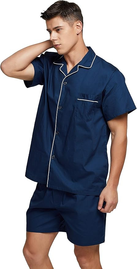 Mens Cotton Pajamas Short Sleeve Pajama Set Woven Sleepwear Loungewear Nightwear | Amazon (US)