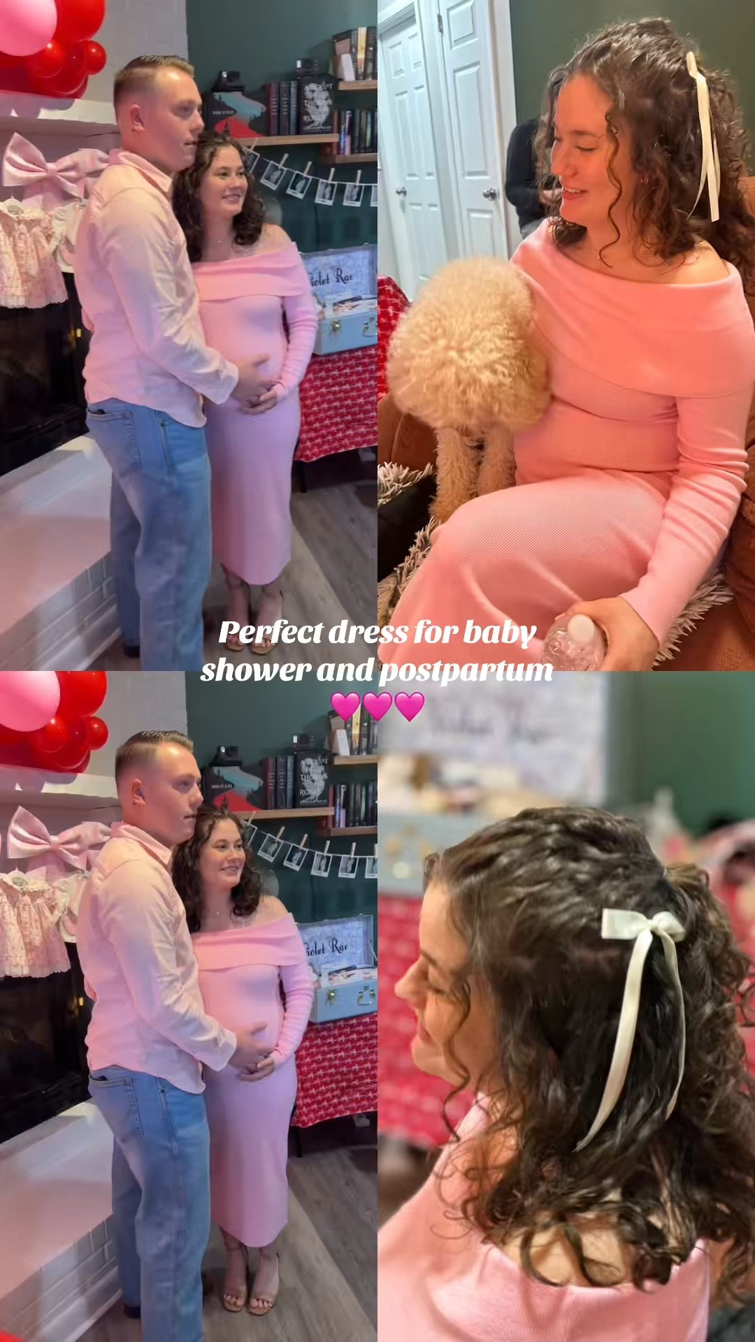 🩷Perfect off the shoulder dress that my daughter wore for her baby shower. It’s soft and stretchy and she can wear it postpartum too! She is 5’ and 140# wearing size small. It comes in 24 different colors including a baby blue. 

#LTKBaby #LTKBump #LTKmomlife